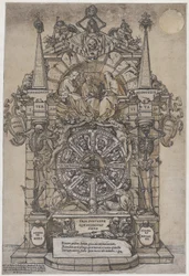 Triumph des Todes mit drei Schicksalsgöttinnen in einem architektonischen Rahmen über einem Glücksrad, 1588