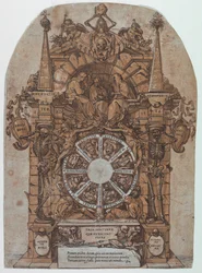 Triumph des Todes mit drei Schicksalsgöttinnen in einem architektonischen Rahmen über einem Glücksrad, flankiert von Skeletten; ein Schädel und eine Sanduhr oben und mit einem Rad, das sich in der Mitte drehen soll