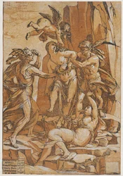 Tugend als junge Frau in der Mitte von vier Figuren, die Liebe, Irrtum, Unwissenheit darstellen, 1585