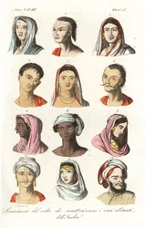 Porträts verschiedener indischer Kasten: Brahmanen 1.2, Kshatriyas oder Khatri, punjabische Händlerkaste 3.4, Vaishyas 5.6, Shudras 7.8, Hindus aus Oberindien 9,10 und Moguln 11,12. Handkolorierter Kupferstich von Andrea Bernieri nach François Solvyns, von