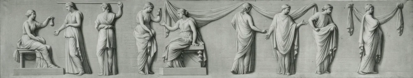 Ein Grisaille-Panel, das eine weibliche Prozession mit Tränenkrügen darstellt
