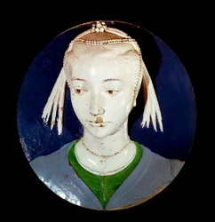 Porträt eines jungen Fremden Tondo in Terrakotta-Dekor von Andrea della Robbia