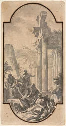 Figuren in der Nähe der Ruinen eines korinthischen Tempels recto, Fragment eines Bogens tracing von recto verso