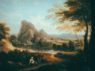 Landschaft mit einem fernen Wasserfall