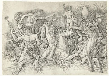 Kampf zwischen Satyrn auf Hippokampen und alter Frau als Personifikation des Neids auf dem Rücken eines Drachen