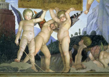 Putten mit Schmetterlingsflügeln, die die Widmungstafel halten, aus der Camera degli Sposi oder Camera Picta, 1465-74, Freskodetail von 78449