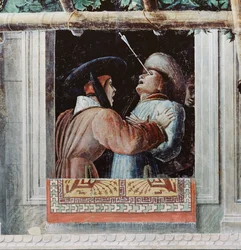 Das Martyrium des heiligen Christophorus, Detail eines Mannes, dem ein Pfeil durch das Auge geschossen wurde, ca. 1450-56