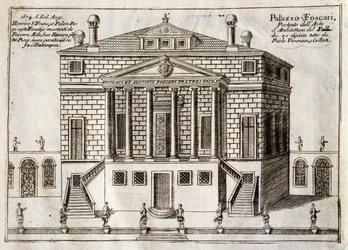 Hauptfassade der als La Malcontenta bekannten Villa Foscari in Mira, entworfen von Andrea Palladio (1508-1580), Stich aus „Entlang des Brenta-Kanals, beinahe ein Stadtbezirk von Venedig“ von Vincenzo Coronelli (1650-1718), Venedig