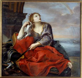 Dido, Königin von Karthago, von Aeneas verlassen. Als Zeichen ihrer Verzweiflung richtet sie das Schwert auf ihren Bauch. 1635. Maße 1,4 x 1,48 m. Caen, Museum der Schönen Künste