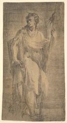 Ein Heiliger, möglicherweise Matthäus, mit einem Stab und einem Buch, ca. 1540-50