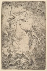 Apollo rechts mit Bogen jagt Daphne links, ca. 1538-40