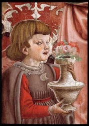 Jungfrau mit Kind, zwei Engeln, Johannes dem Täufer und einem weiteren Heiligen, sowie zwei Kindern der Familie Pazzi (Detail)