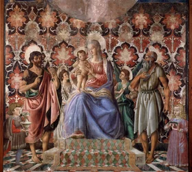 Jungfrau mit Kind, Johannes dem Täufer, einem weiteren Heiligen, zwei Engeln und zwei Kindern der Familie Pazzi (Fresko)