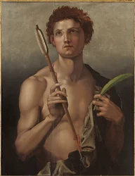 Der heilige Sebastian mit einem Pfeil in der rechten Hand und der Märtyrerpalme in der linken Hand