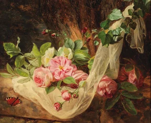 Stillleben mit Rosen auf einem Waldboden