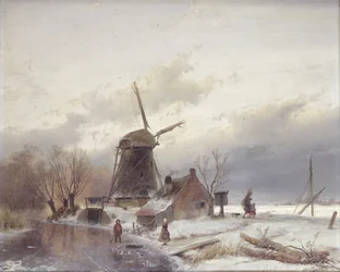Eine gefrorene Flusslandschaft mit einer Windmühle
