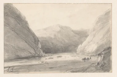 Berglandschaft mit Fluss und einer Figur mit zwei beladenen Eseln