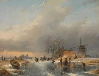 Eine Winterlandschaft, rechts eine Mühle und Häuser an einem zugefrorenen Kanal