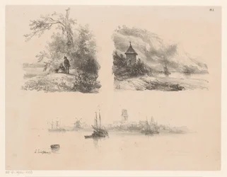 Figuren in einem Wald, ein Fluss entlang einer bergigen Küste und Boote auf dem Wasser