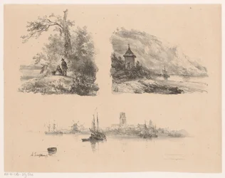 Figuren in einem Wald, ein Fluss entlang einer bergigen Küste und Boote auf dem Wasser