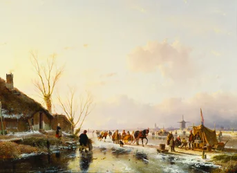 Schlittschuhläufer bei einer Bude auf einem zugefrorenen Fluss, 1850