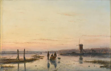 Windmühle an einem zugefrorenen Fluss