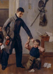 In der Schule. Ein Lehrer einer Landschule packt einen Jungen am Ohr, im Klassenzimmer, wo andere Jungen Unfug treiben und Grimassen schneiden. Gemälde von Andrei Andrejewitsch Popow (1832-1896), (Detail)