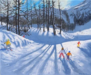 Lange Baumschatten und Skifahrer, Tignes, 2016-2019