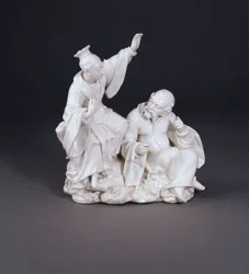 Eine Derby-Chinoiserie-Gruppe mit trockener Kante, emblematisch für das Hören aus einem Satz der Sinne, ca. 1750-52