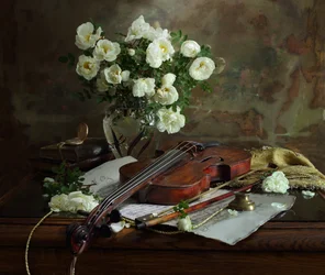 Weiße Rosen und Violine