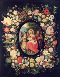 Die Heilige Familie, umrahmt von einem Blumenkranz