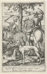 Skelett mit Pfeil und Falkner, umgeben von Tieren