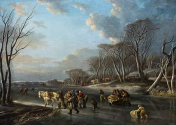 Reisende in einem Schlitten auf einem Fluss in Holland