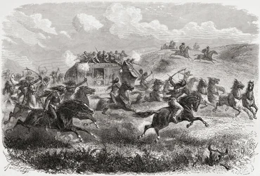 Indianer greifen eine transkontinentale Postkutsche im Jahr 1867 an, Illustration aus 