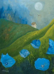 Blaue Mohnblumen auf mondbeschienenen Hügeln