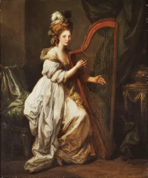 Porträt von Elizabeth Ewer, ganzfigur, sitzend in einem weißen Kleid mit einem gelben Schal, spielt eine Harfe, in einem Innenraum, ca. 1768-73