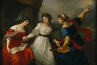 Selbstporträt des Künstlers, der zwischen den Künsten der Musik und Malerei zögert