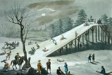 Schneerutsche in einem russischen öffentlichen Park, frühes 19. Jahrhundert (farbige Gravur)