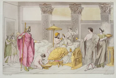 Die Hochzeit von Odysseus und Penelope, Illustration aus Le Costume Ancien ou Moderne von Jules Ferrario, graviert von A. Biasoli, Mailand 1821 (Farbstich)
