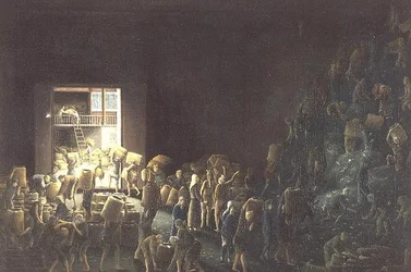 Teekisten füllen; und Teeverarbeitung im ersten Prozess, ca. 1820 (eines von einem Paar) ca. 1820