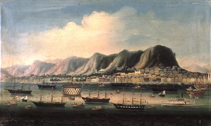 Ansicht von Hongkong mit einem Gefängnisschiff und einem Raddampfer im Hafen