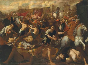 Die Schlacht zwischen den Israeliten und den Amalekitern, überwacht von Moses, dessen Arme von Aaron und Hur hochgehalten werden