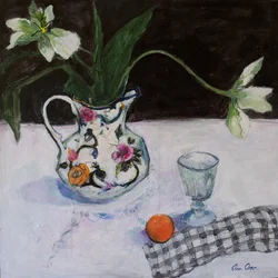Stillleben mit weißen Tulpen und einem Glas, 2019