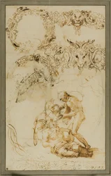 Betrunkener Silenus und dekorative Skizzen: Studien für die Tazza Farnese (recto); Zwei kämpfende Putti: Studie für die Galleria Farnese (verso)