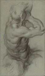 Studie eines Tritons, der in ein Tritonshorn bläst (Vorderseite); Teilstudie eines Arms (Rückseite)