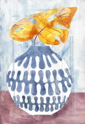 Blaue Vase mit goldenem Blatt