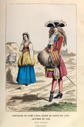 Ein Ritter des Ordens von Saint Louis (1693) und eine Milchmädchen (1680) unter der Herrschaft von König Ludwig XIV. im 17. Jahrhundert