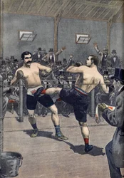 Ein Boxangriff: Sieg des französischen Meisters Joseph Charlemont (1839-1918) gegen Jerry Discroll mit der Technik des „Savate“ in Le Petit Journal 1899