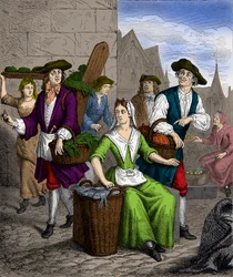 Eine Dame der Halle während der Herrschaft von König Ludwig XVI. (Gravur, Privatbesitz)