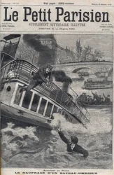 Unglück auf der Seine in Paris - Untergang eines Omnibusbootes: Die Besatzung des Bootes springt in die Seine, um sich zu retten. Le Petit Parisien, am 18/12/1898.